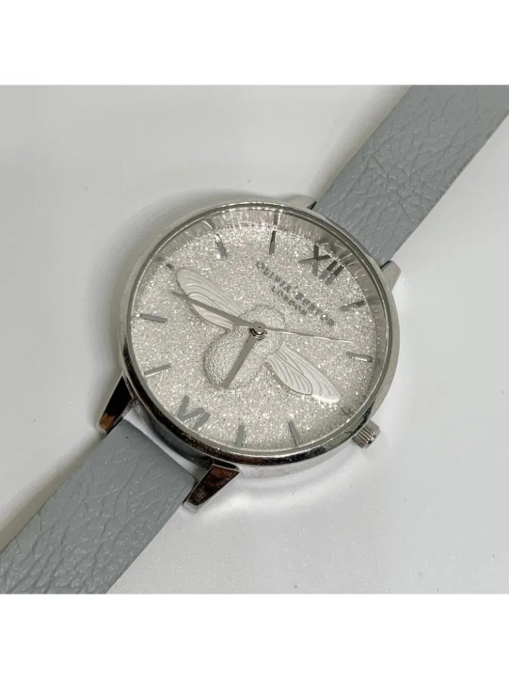 Olivia Burton London watch 3D bee dial 34mm stainless steel gray leather running